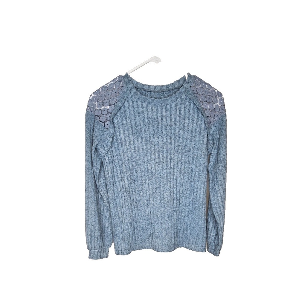 Girls 12 13 Youth 2XL Blue‎ Rib Knit Top Lace Shoulder Long Sleeve